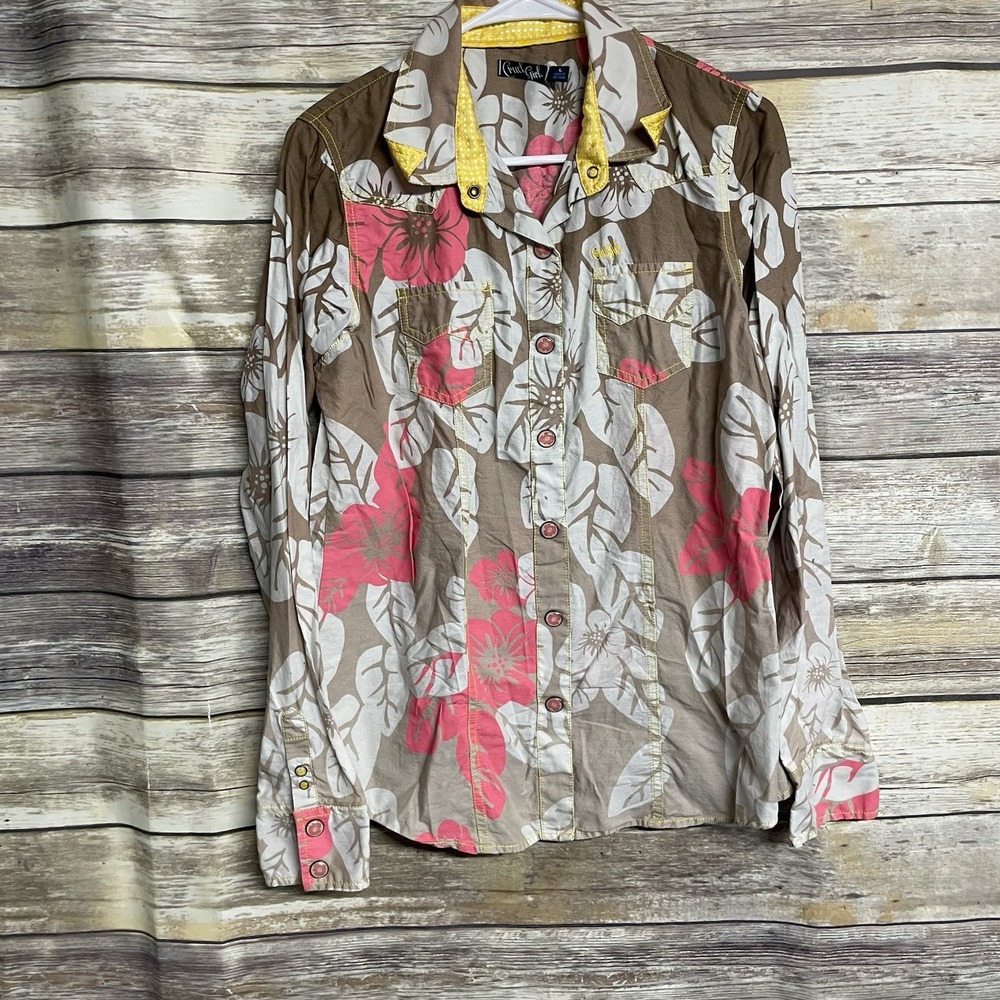 Cruel Girl Pearl Snap Shirt Women's‎ Large Western Long Sleeve Tropical Vintage